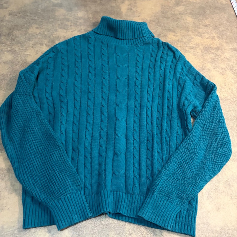 Hollister Turtleneck Sweater Womens Medium Teal Blue Cable Knit Cotton Pullover